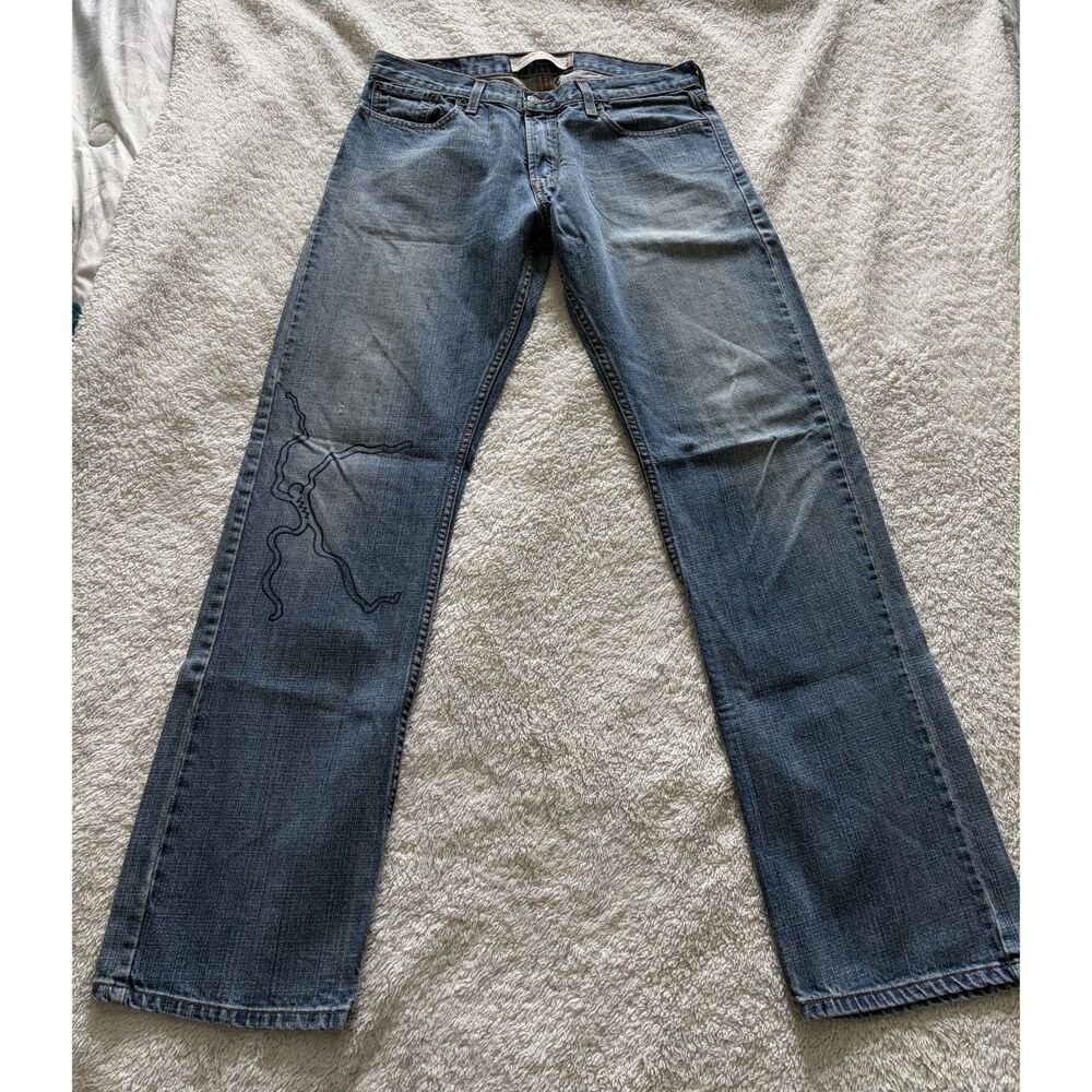 Levi's 514 Men's Jeans 33x32 Straight Fit Blue Distressed Embroidered Denim